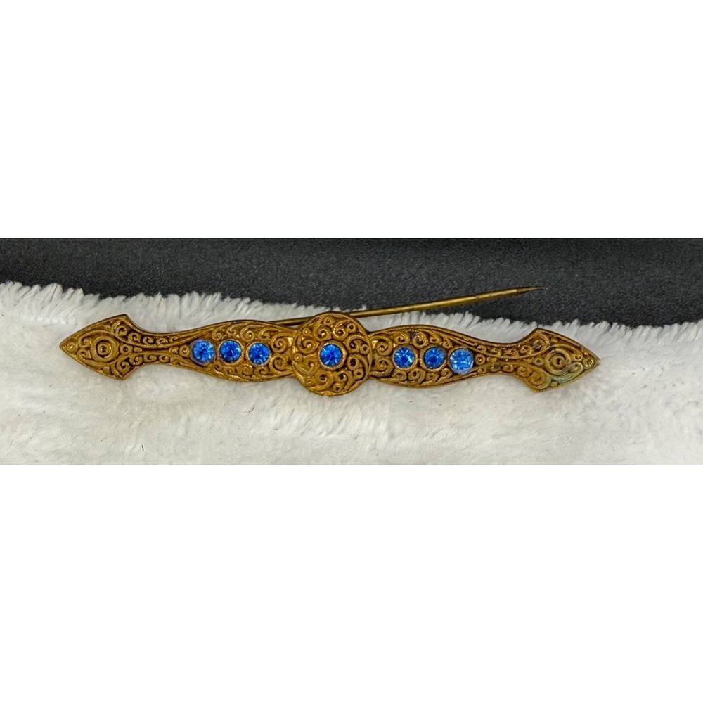 Vintage Estate Bar Brooch Blue Rhinestone Gold Tone Art‎ Nouveau 2.5"
